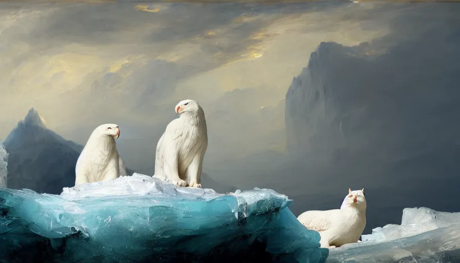 Image similar to highly detailed painting of white giant eagle cat seals on a blue and white iceberg by william turner, by greg rutkowski, by william constable, thick brush strokes and visible paint layers, 4 k resolution