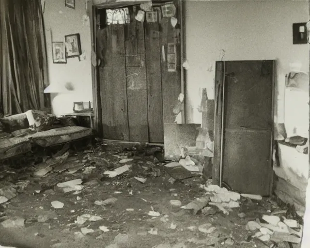 Prompt: An award winning photo of 1970's living room abandoned 6 months ago, water damaged floor, 4k, color Polaroid photo