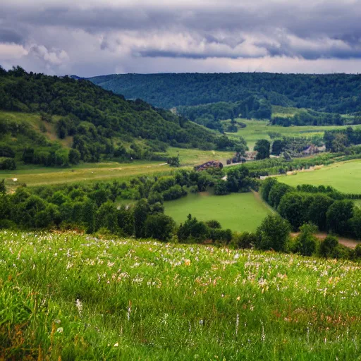 Prompt: dordogne typical landscape, hills in the background, summer, river, ultra detailed, ultra sharp, award winning. 8 k, flowers, trees, thunderstorm and rain, very dark clouds.