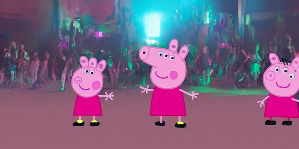 Prompt: a realistic peppa pig rave in the desert, cyberpunk, clubber