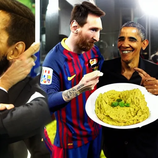 Prompt: Messi and Obama eat hummus and falafel