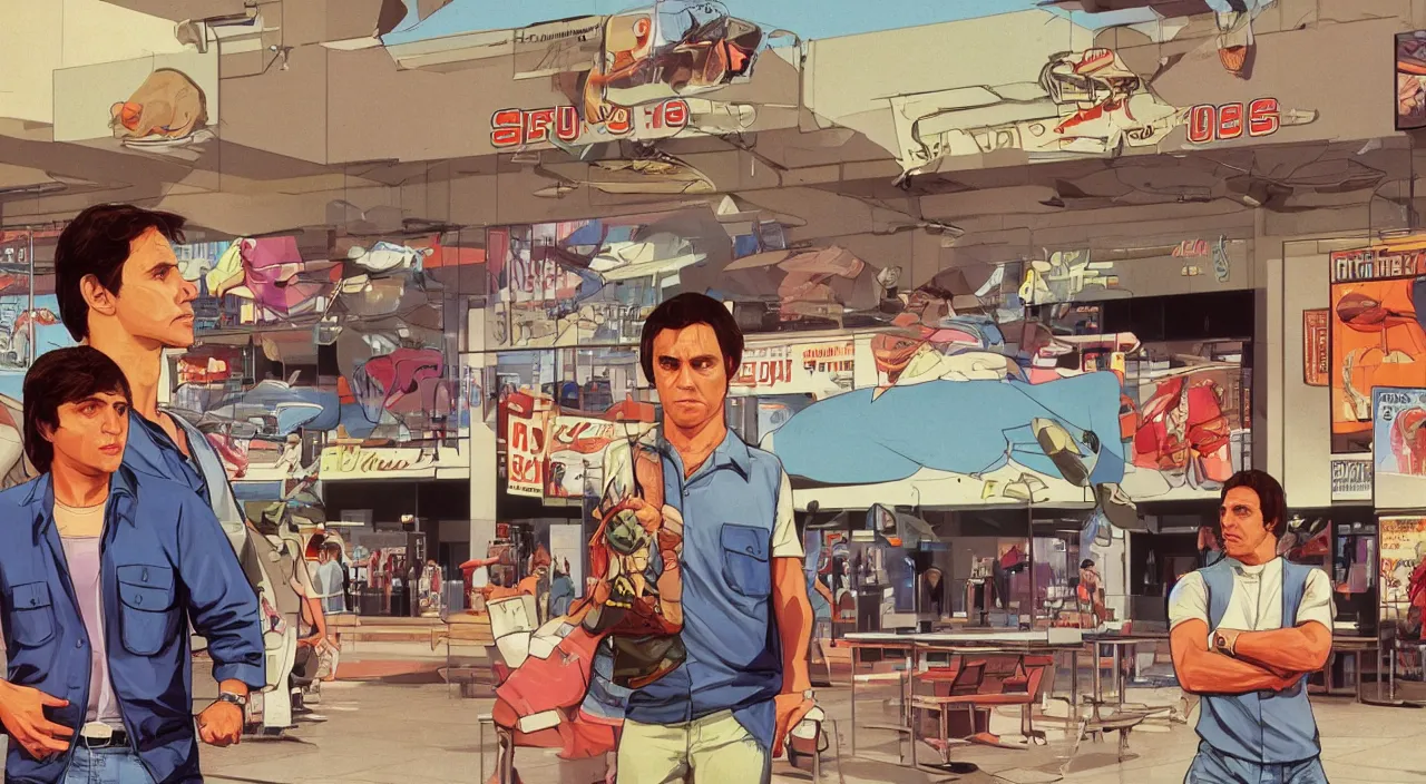 Prompt: GTA V illustration of 1980s Ralph Macchio on the cover of GTA V, in the food court of a 1980’s shopping mall