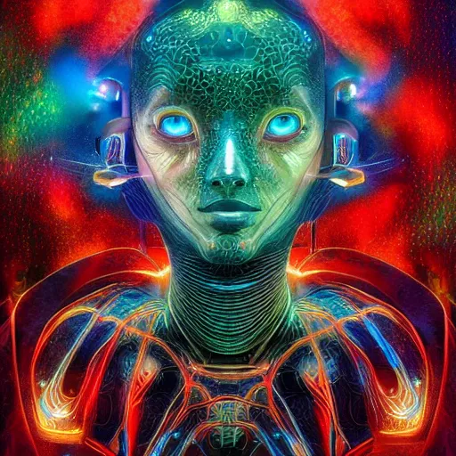 Image similar to Face of a Alien Deity, corals, circuitry, plume made of geometry, extremly detailed digital painting, sharp focus in the style of android jones, artwork of a futuristic artificial intelligence superstar, mystical colors, rim light, beautiful lighting, 8k, stunning scene, raytracing, octane, under water visual distortion, dark tones colors, trending on artstation