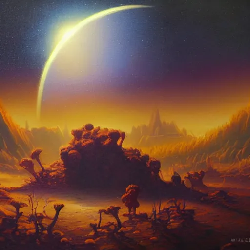 Prompt: lunar eclipse on strange alien planet with craters and unusual plants detailed painting in the style of paul lehr 4 k