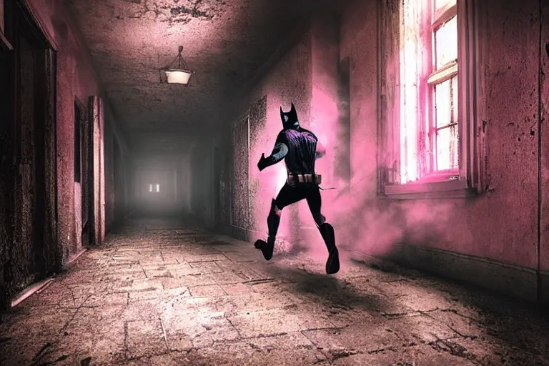 Image similar to batman wearing pink apron wielding an axe, chasing through old brown decrepit hallway, running toward camera, creepy smile, atmospheric eerie lighting, dim lighting, bodycam footage, motion blur, photograph