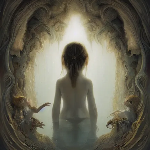 Prompt: a little girl looking at her adult reflection in the mirror, in the style of peter mohrbacher by weta digital and beth cavener, high face symmetry, intricate, masterpiece, award winning, high face symmetry, intricate