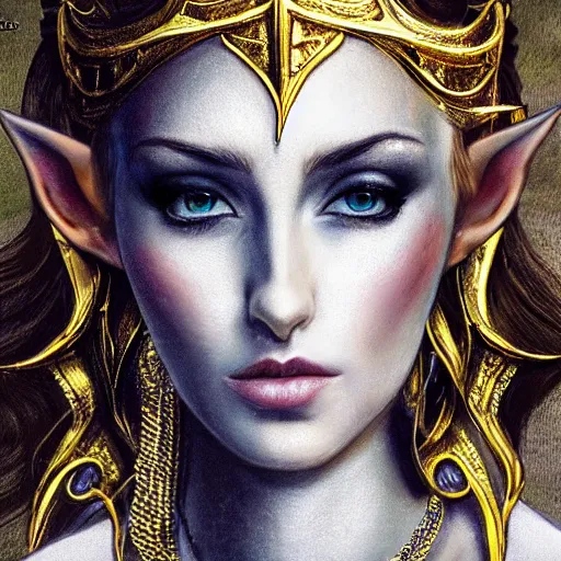 Prompt: side portrait of elven royalty, princess, queen, fantasy, head tilted down, black hair, gold armour, gold jewelry, white skin, detailed face, trending on artstation, gsociety, D&D, elegant, highly detailed, hyperrealistic, realistic eyes, detailed illustration, smooth, sharp focus, upper body, intricate, rule of thirds, holy glow, backlit, hd 4k by Greg Rutkowski, Alphonse Mucha, Ayami Kojima, Charlie Bowater, Kentaro Miura, Karol Bak