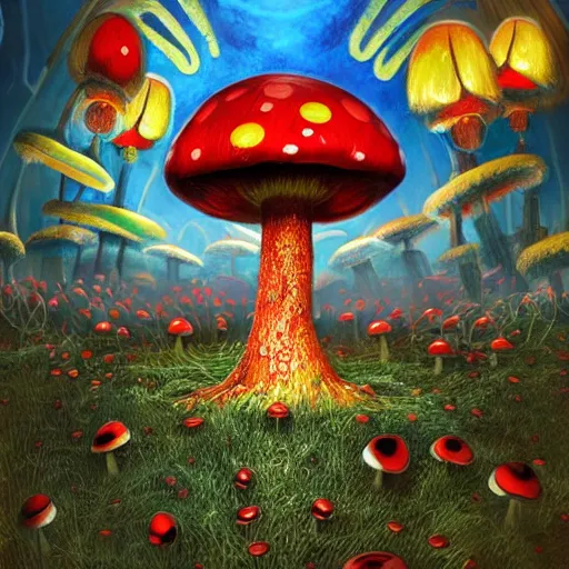 Image similar to 4 k headshot portrait of a psychedelic demonic anthropomorphic ladybug with mushroom themed clothes, magic mushroom village in background by jeff easley, award winning, stylized neon, post - processing, masterpiece, superb resolution. in the art style of junji ito and greg rutkowski. detailed mushroom city in background. hyper realistic anime. perfect art. dalle 2