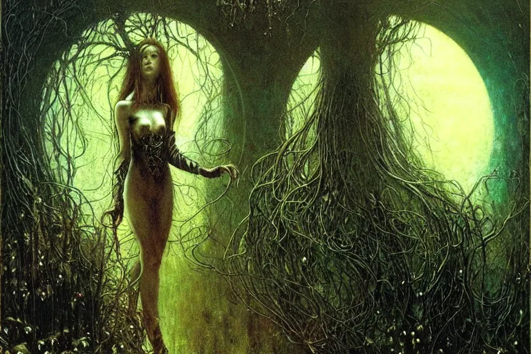 Image similar to young cute alyson hannigan knight in enchanted lovecraftian garden by jean delville, luis royo, beksinski, grimshaw