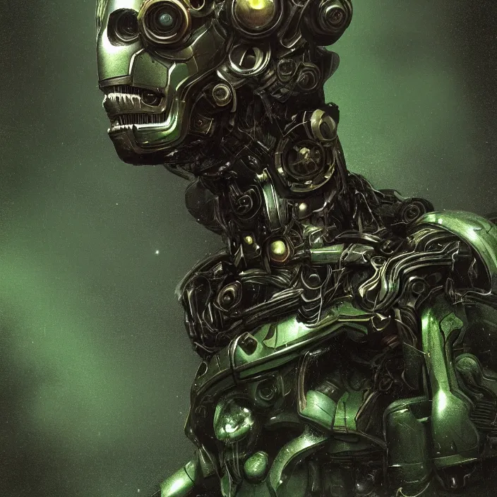 Prompt: portrait of a green Ultron from Age of Ultron, clockwork steampunk, head and chest only, techno dieselpunk background texture, by Beksinski, 4k, deviantart, trending on artstation