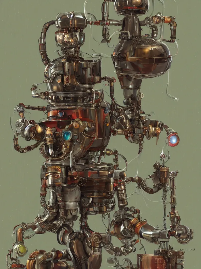 Image similar to full-length portrait of a singular old mechanical friendly empatic robot offering a cup of fresh steaming hot coffee, by Simon Stalenhaag, by Yoshita Amano, by Esao Andrews, sharp focus, fresh colors, deviantart, conceptart