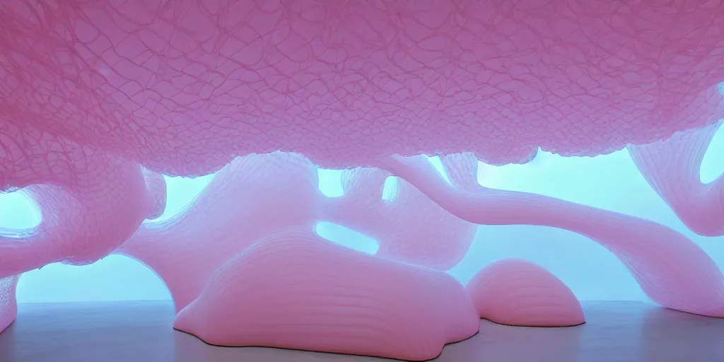 Image similar to soft biomorphic inflated translucent latex structures by ernesto neto, light - mint with light - pink color, 4 k, insanely quality, highly detailed,