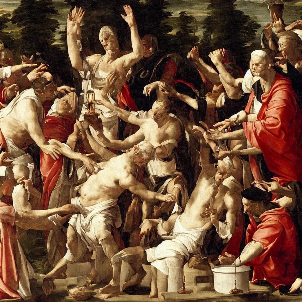 Image similar to renaissance painting of the pope doing the ice bucket challenge