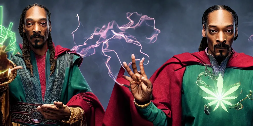 Image similar to snoop dogg as the doctor strange, marijuana leaves, green light, highly detailed, marvel cinematic universe, mcu, photo