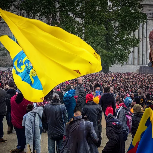 Image similar to a crowd of people with ukrainian flags destroy a statue of vladimir lenin, leica sl 2 5 0 mm, dslr, vivid color, high quality, high textured, real life