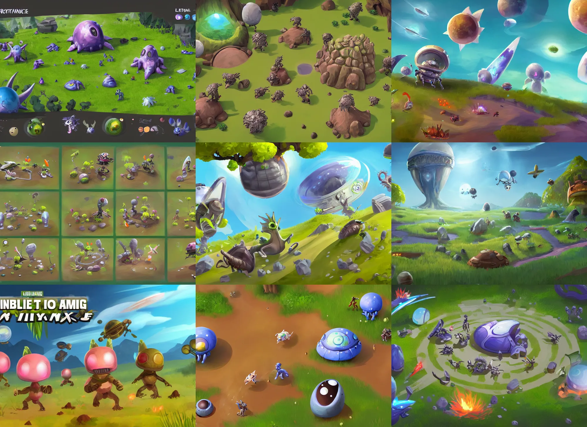 Prompt: a landing scene for mobile battle royale game about alien cute little animals that land on a planet with different biomes, craters, alien capsules, bushes in the visual style of Spore and Eternal Cylinder, start of the match, full team, 3rd person view, medium shot, concept art