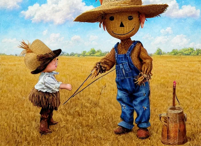 Prompt: a cute short and wide scarecrow with straw for hair and with a straw hat in overalls walking on a dirt road next to a large tall corn field, children's book by tom lovell, ross tran, terry redlin, jean baptiste monge, beatrix potter, painterly