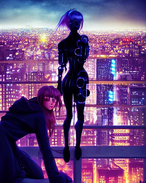 Image similar to a night rooftop scene by Liam Wong, close shot of a photorealistic beautiful half cyborg woman by Artgerm and NeoArtCorE on the rooftop looking at the city below, close shot of a photorealistic beautiful half cyborg woman by Artgerm and NeoArtCorE on the rooftop looking at the city below, the half cyborg woman is wearing a long trench coat