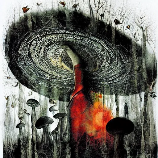 Image similar to psychedelic mushrooms dream, by dave mckean