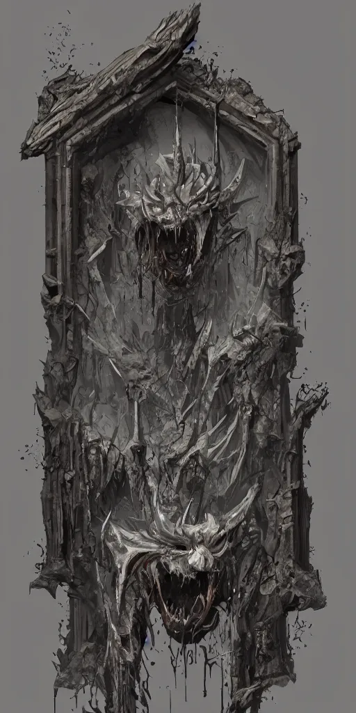 Prompt: portal containing mummified demon lord, dark, gritty, damaged, hellfire, hostile, demonic, diabolic, cinematic light, on artstation