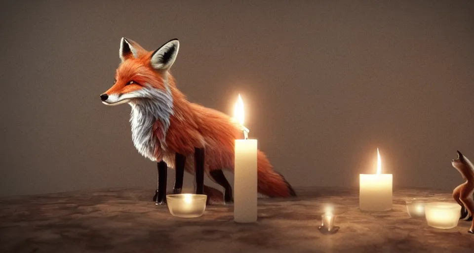 Image similar to a beautiful hyper realistic ultra detailed lifelike matte painting of a fox in front of a candle, unreal engine, deviantart, flickr, artstation, octane render, textured, colorful, extreme realistic detail, physically based rendering, pbr render, very detailed, volumetric lighting, detailed lighting, octane render, 4 k, cinematic lighting, 8 k resolution