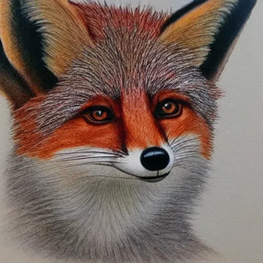 Prompt: colored pencil drawing of a fox looking through a microscope