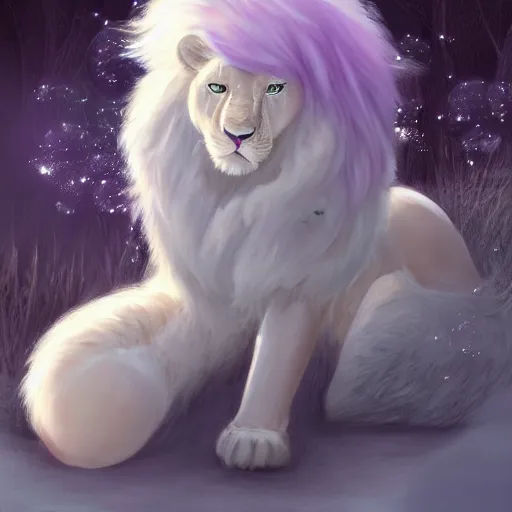 Image similar to aesthetic portrait commission of a albino male furry anthro lion under a lavender bubble filled while wearing a cute mint colored cozy soft pastel winter outfit with pearls on it, winter Atmosphere. Character design by charlie bowater, ross tran, artgerm, and makoto shinkai, detailed, inked, western comic book art, 2021 award winning painting