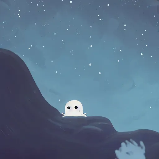 Image similar to terrified baby harp seal astronaut floating alone in deep space, black bacgkground with scattered stars, lonely, scary, atey ghailan, goro fujita, studio ghibli, ominous, dark lighting, clear focus, very coherent,