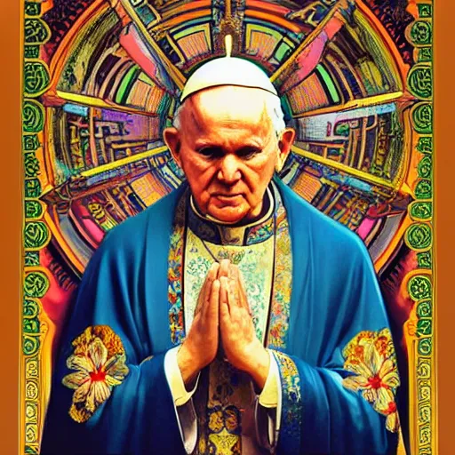 Prompt: Pope John Paul II bodhisattva, praying, prayer hands, 1967 psychedelic portrait art by artgerm and greg rutkowski and alphonse mucha