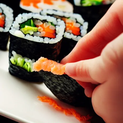 Image similar to neanderthal eating sushi