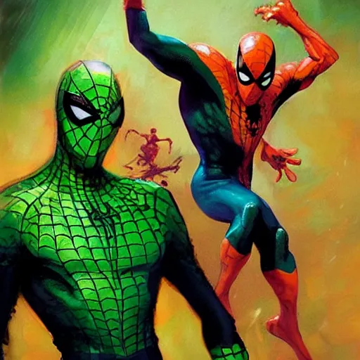 Image similar to an orange and green spiderman by ruan jia and marc silvestri