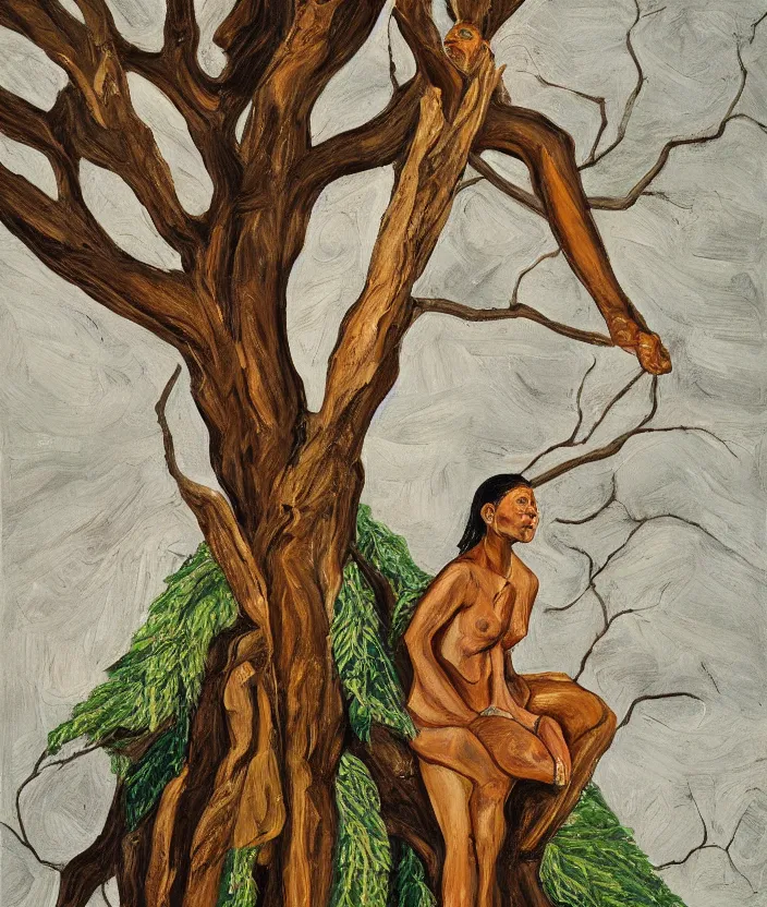 Prompt: indigenous woman on top of a tree, painted by lucian freud, hd, super detailed, realistic, muted colors