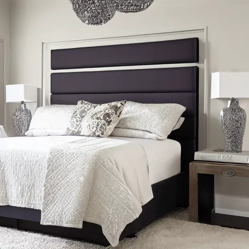 Prompt: award-winning catalog photo modern roman-style columnar headboard master bedroom