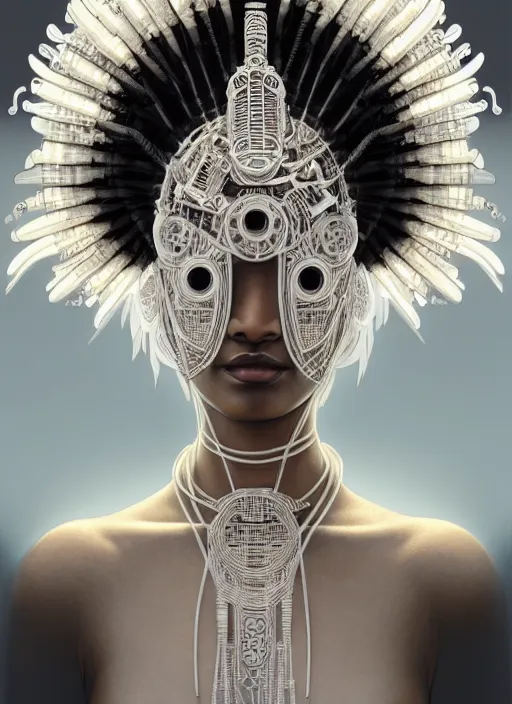 Prompt: white statue!! portrait of a cyberpunk machine, machine face, upper half portrait, decorated with feathers, african man, traditional chinese art, intricate, elegant, highly detailed, headpiece, digital painting, artstation, concept art, smooth, sharp focus, illustration, art by artgerm and greg rutkowski and alphonse mucha, 8 k