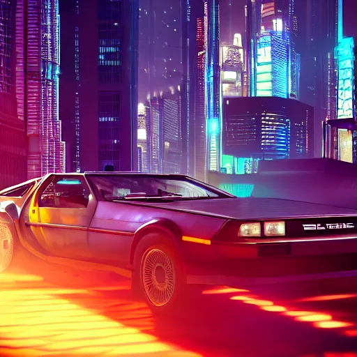 Prompt: delorean in a cyberpunk city with skyscrapers, artstation award winner, digital art, volumetric lighting, neon colors, shot from far, octane render