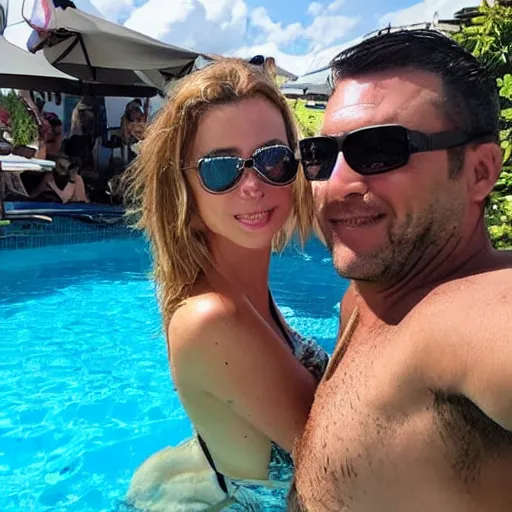 Image similar to photo of a 4 0 year old man that looks young for his age dating a very attractive 2 2 year old woman wearing a bikini. they are at a pool party.