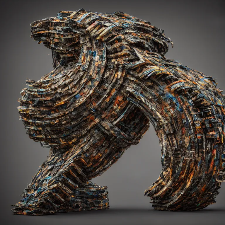 Prompt: mixed media abstract sculpture created with recycled tires and wood / phi, highly detailed, intrincate, overcast flat lighting, octane, lumen unreal 5 / in the style of philippe faraut, stanisław szukalski, beksinsky and gustave dore