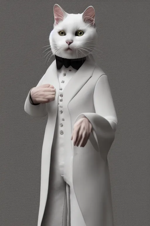 Prompt: a white cat wearing a formal overcoat, hyperrealistic, concept art, octane render, unreal engine 5, trending on DeviantArt, highly detailed, high quality, 8K, soft lighting, cute, studio background, studio lighting, realistic face, trending on Artstation, elegant clothes, profile picture