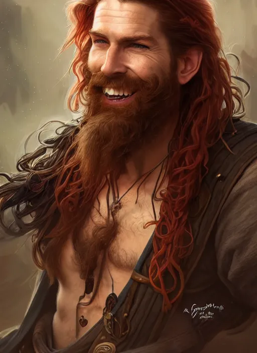 Image similar to portrait of a young ruggedly handsome but joyful pirate, male, masculine, upper body, red hair, long hair, d & d, fantasy, piercing eyes, intricate, elegant, highly detailed, digital painting, artstation, concept art, matte, sharp focus, illustration, art by artgerm and greg rutkowski and alphonse mucha