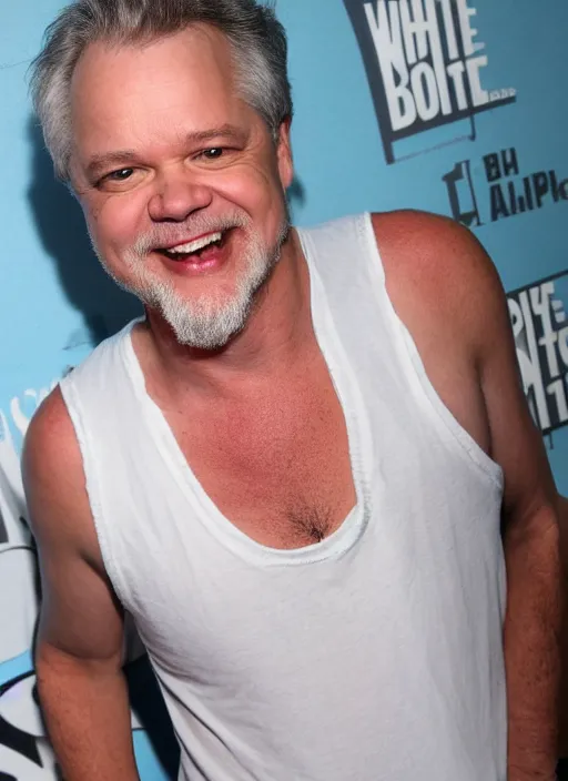 Image similar to tim robbins with a giant beard wearing a white tank top and smiling