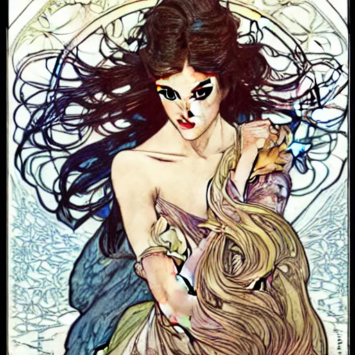 Image similar to in the style of artgerm, arthur rackham, alphonse mucha, phoebe tonkin, symmetrical eyes, symmetrical face, flowing blue skirt, hair blowing, intricate filagree, hidden hands, warm colors, cool offset colors