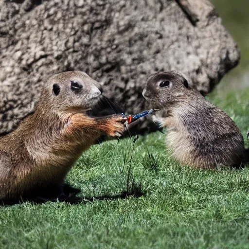 Prompt: one very hangry prairie dog. holding an riffle with a scope, aiming, lying on the grass