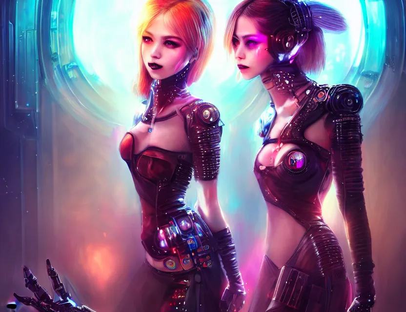 Prompt: two beautiful fashion cyberpunk girls wear fantasy dress in festival | | big eyes, sunny, dreamlike art, realistic shaded, smile, good looking, hyper details, 4 k realistic, cryengine, realistic shaded lighting poster by artgerm, ross tran, fuji choko, loish, 8 k resolution, trending on artstation, luxury