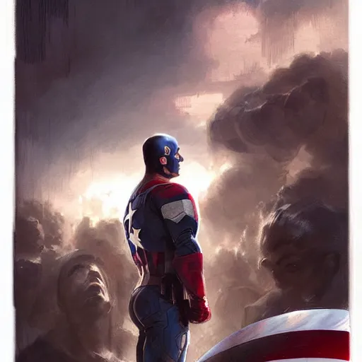 Image similar to captain america crying art, tears and sadness, by greg rutkowski