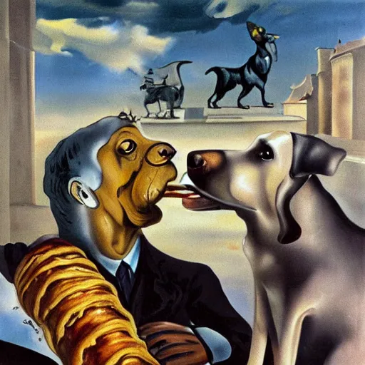 Image similar to dog eating croissants in paris, painted by dali