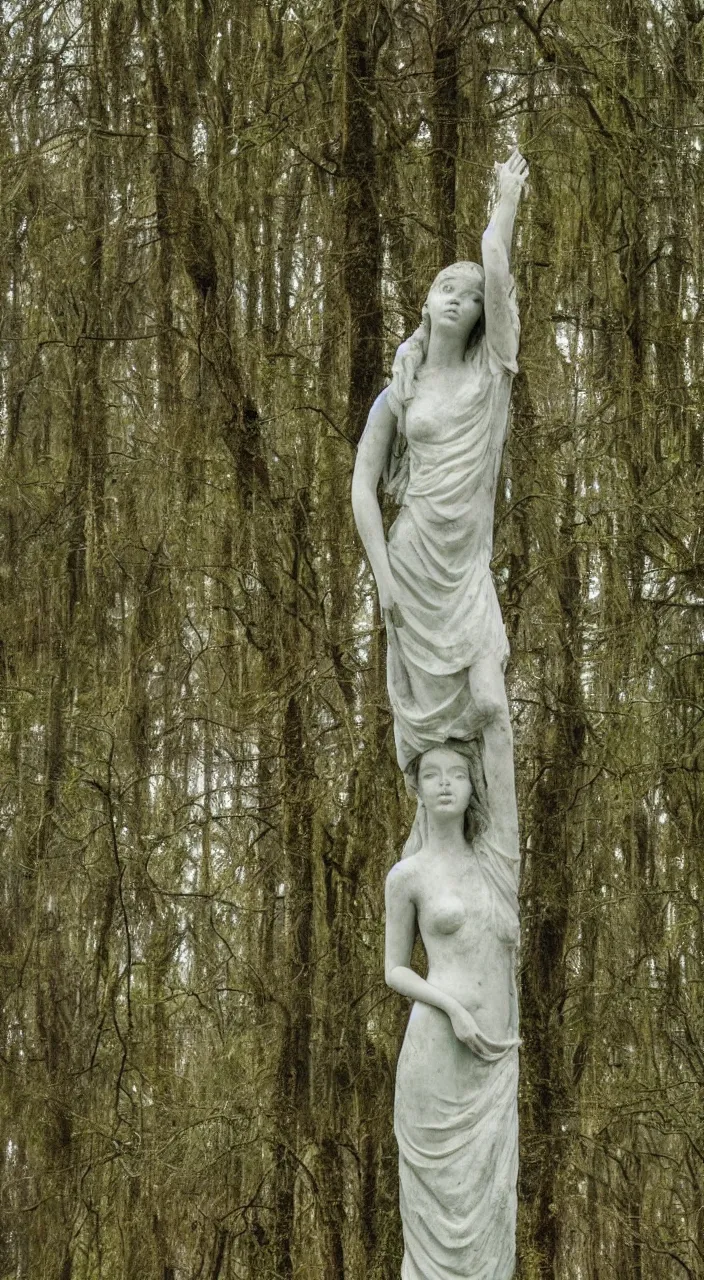 Image similar to marble statue of anya taylor joy, moss, portrait, landscape, forest, foggy, raindrops