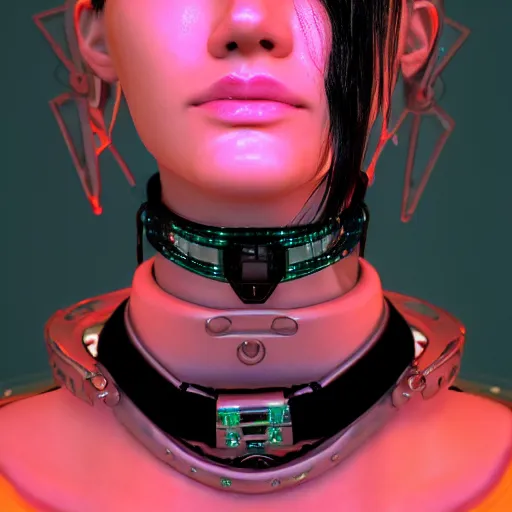 Image similar to detailed realistic cyberpunk female character cyberpunk wearing large steel collar around neck, realistic, art, beautiful, 4K, collar, choker, collar around neck, punk, artstation, detailed, female, woman, choker, cyberpunk, neon, punk, collar, choker, collar around neck, thick collar, choker around neck, wearing choker, wearing collar, bright neon punk hair, collar, choker,