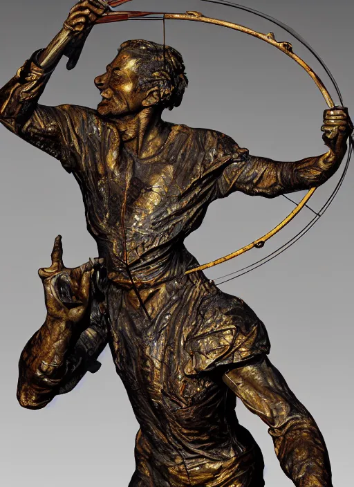 Image similar to An epic fantastic realism comic book style portrait painting of a distressed bronze archery sculpture from the future by Stanislaw Szukalski, gilded colorful marbled paper background, winged archer, fisheye lens, unreal 5, DAZ, hyperrealistic, octane render, dynamic lighting