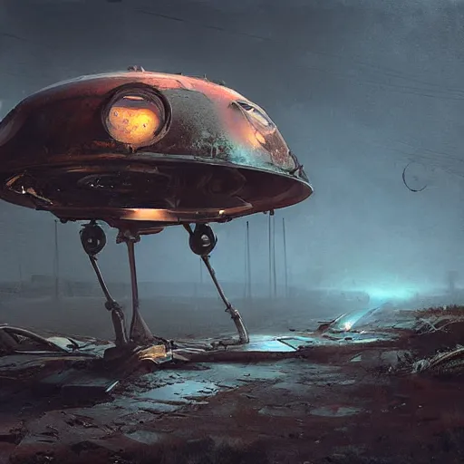 Prompt: crashed old rusty forgotten ufo, concept art, art station landscape, greg rutkowski, cinematic lighting hyper realistic painting, dark atmosphere