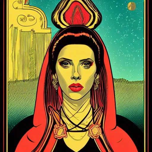 Prompt: Scarlett Johansson in a renaissance dress, tarot card, digital detailed art by Kilian Eng